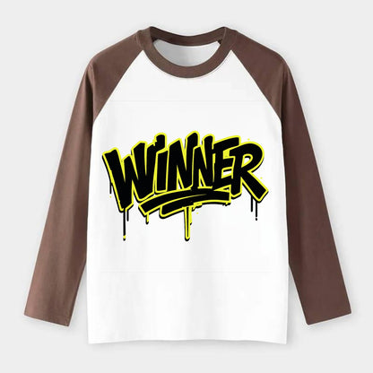 Bold typography design - "WINNER" - victorious mindset, champion - Raglan Long Sleeve T-Shirt - Coffee