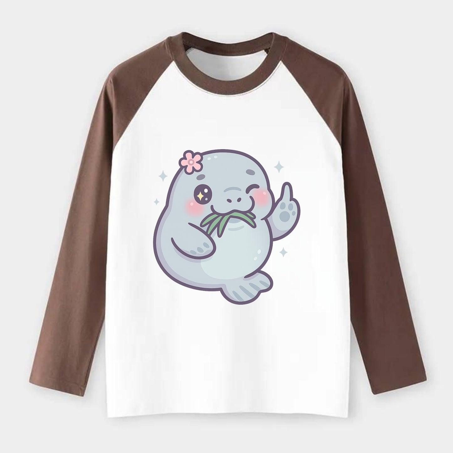 chubby manatee munching on seagrass, one flipper raised with sass - Raglan Long Sleeve T-Shirt - Coffee