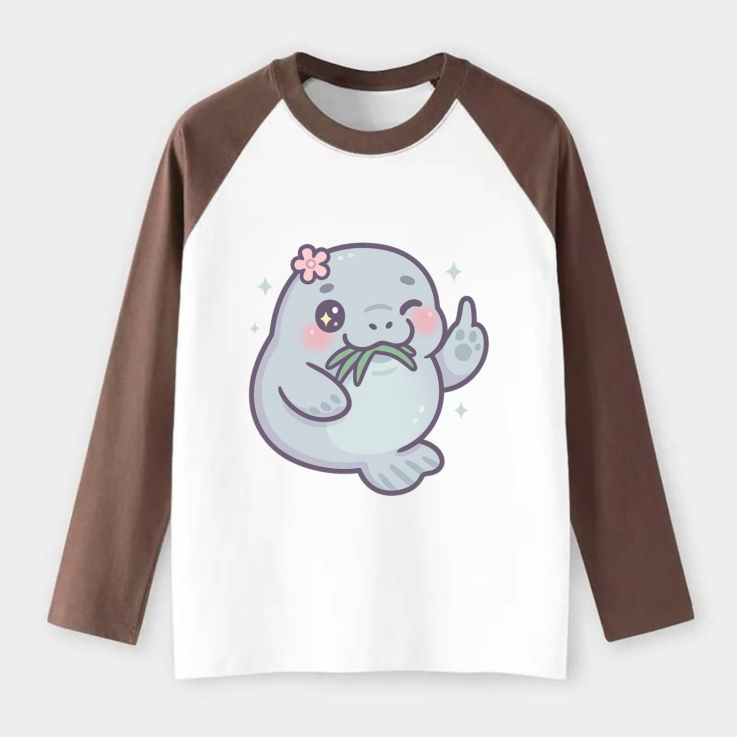 chubby manatee munching on seagrass, one flipper raised with sass - Raglan Long Sleeve T-Shirt - Coffee
