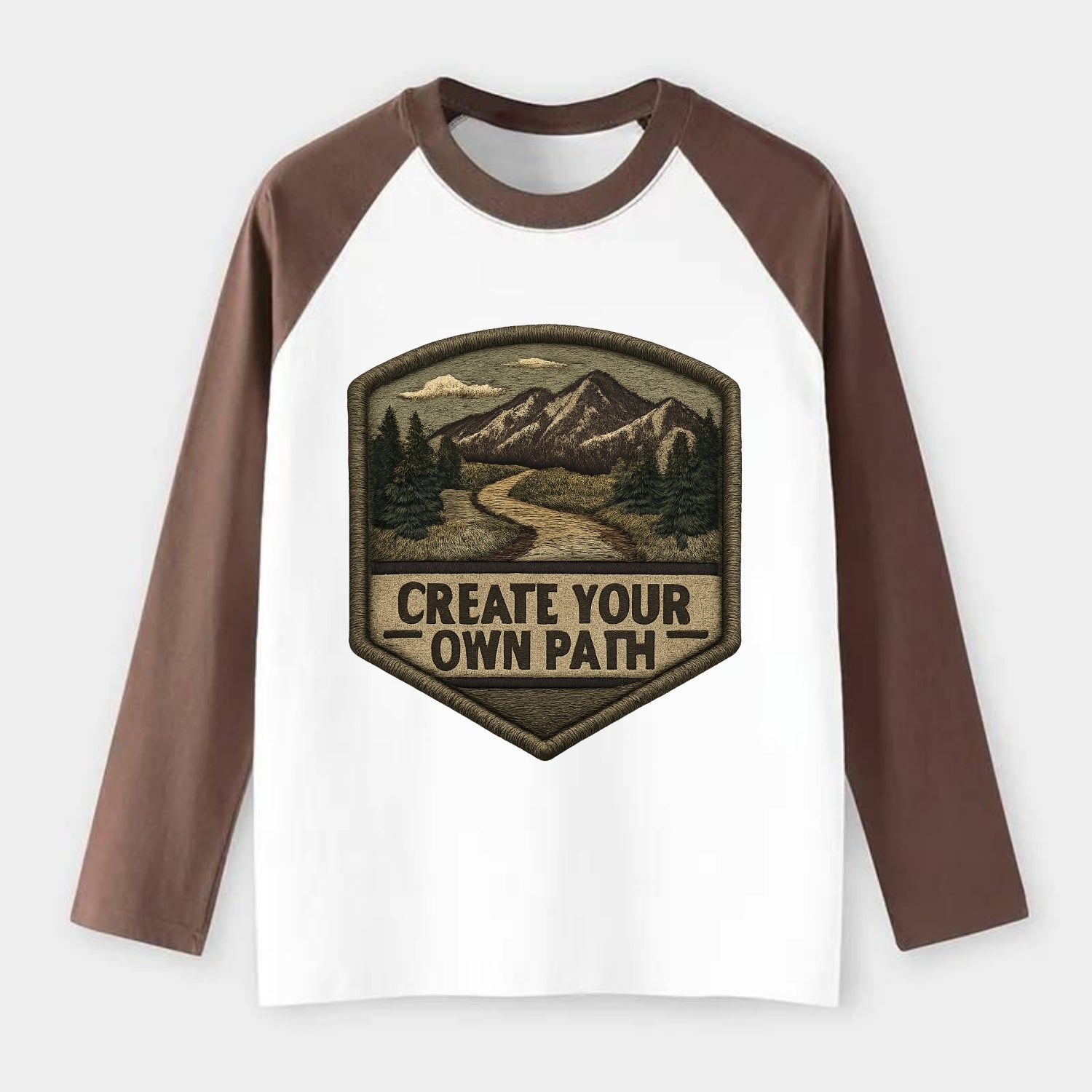 CREATE YOUR OWN PATH - trail with text in brown , independence - Raglan Long Sleeve T-Shirt - Coffee