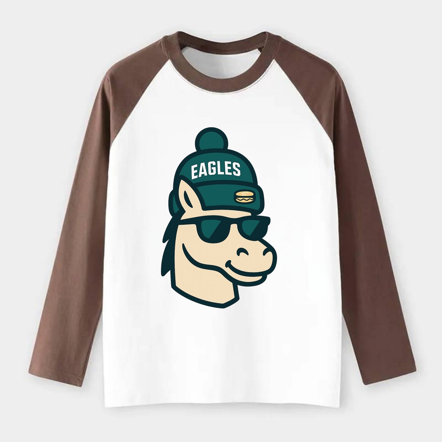 Philadelphia Horse wearing Eagles beanie with cheesesteak patch and - Raglan Long Sleeve T-Shirt - Coffee