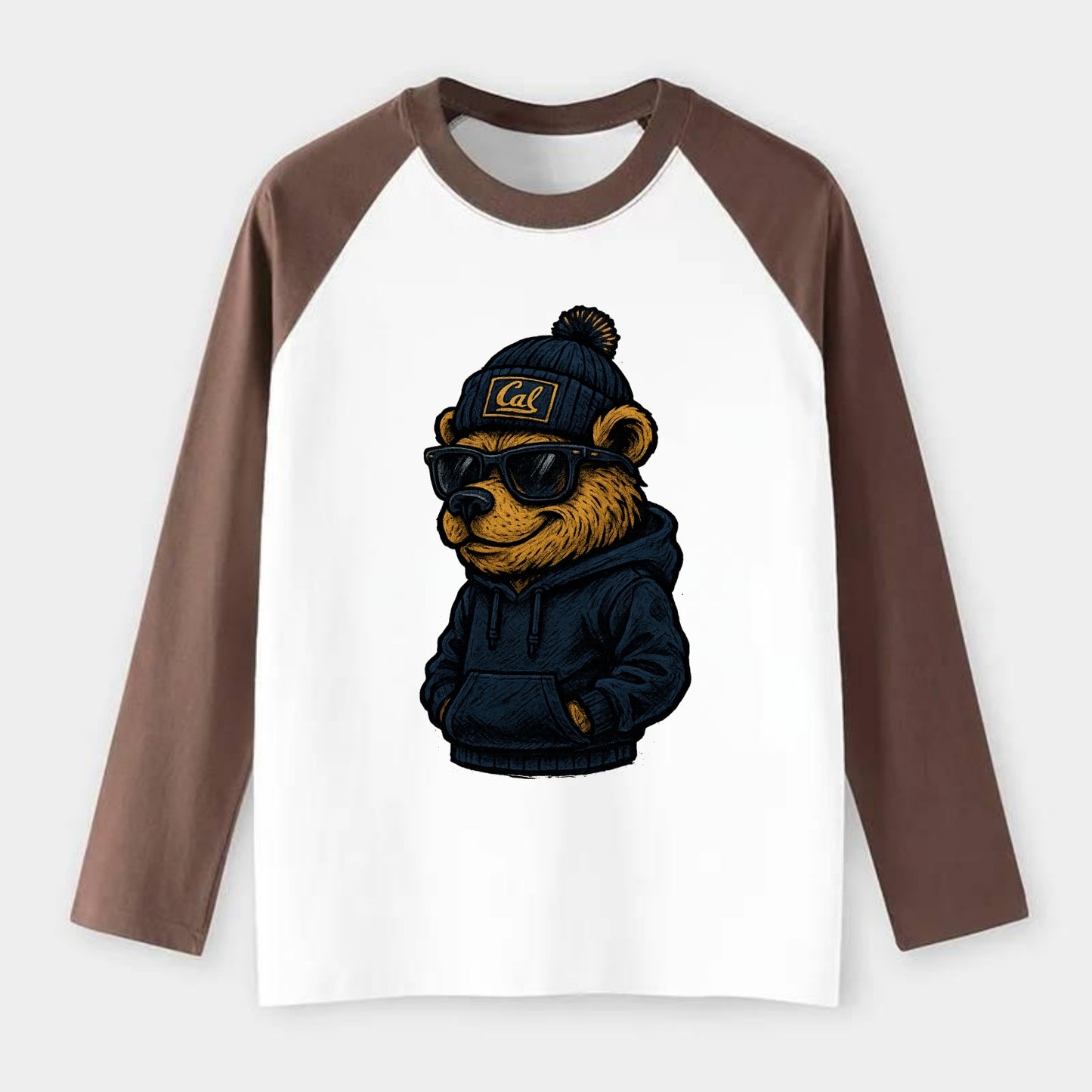 Berkeley Bear wearing Cal beanie with script patch - Raglan Long Sleeve T-Shirt - Coffee
