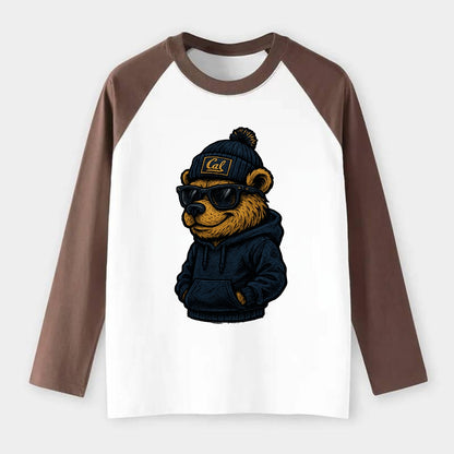 Berkeley Bear wearing Cal beanie with script patch - Raglan Long Sleeve T-Shirt - Coffee