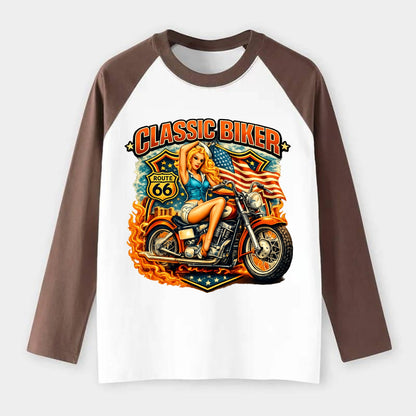 Classic Pinup Biker - Raglan Long Sleeve T-Shirt - Coffee