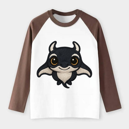 Baby Manta Ray - dark with white markings, cephalic fins, gentle eyes, - Raglan Long Sleeve T-Shirt - Coffee