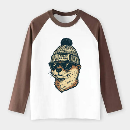Grand Rapids River Otter wearing Grand Rapids beanie with pom pom and - Raglan Long Sleeve T-Shirt - Coffee