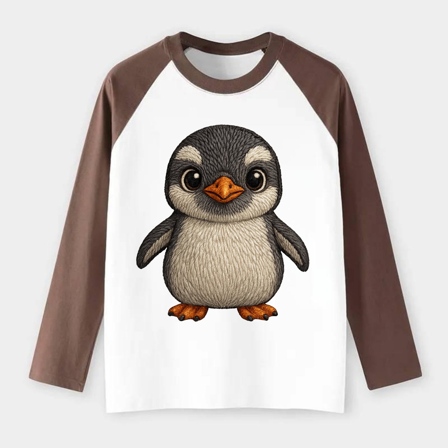 Baby Gentoo Penguin - orange beak, white cap, bright eyes, - Raglan Long Sleeve T-Shirt - Coffee