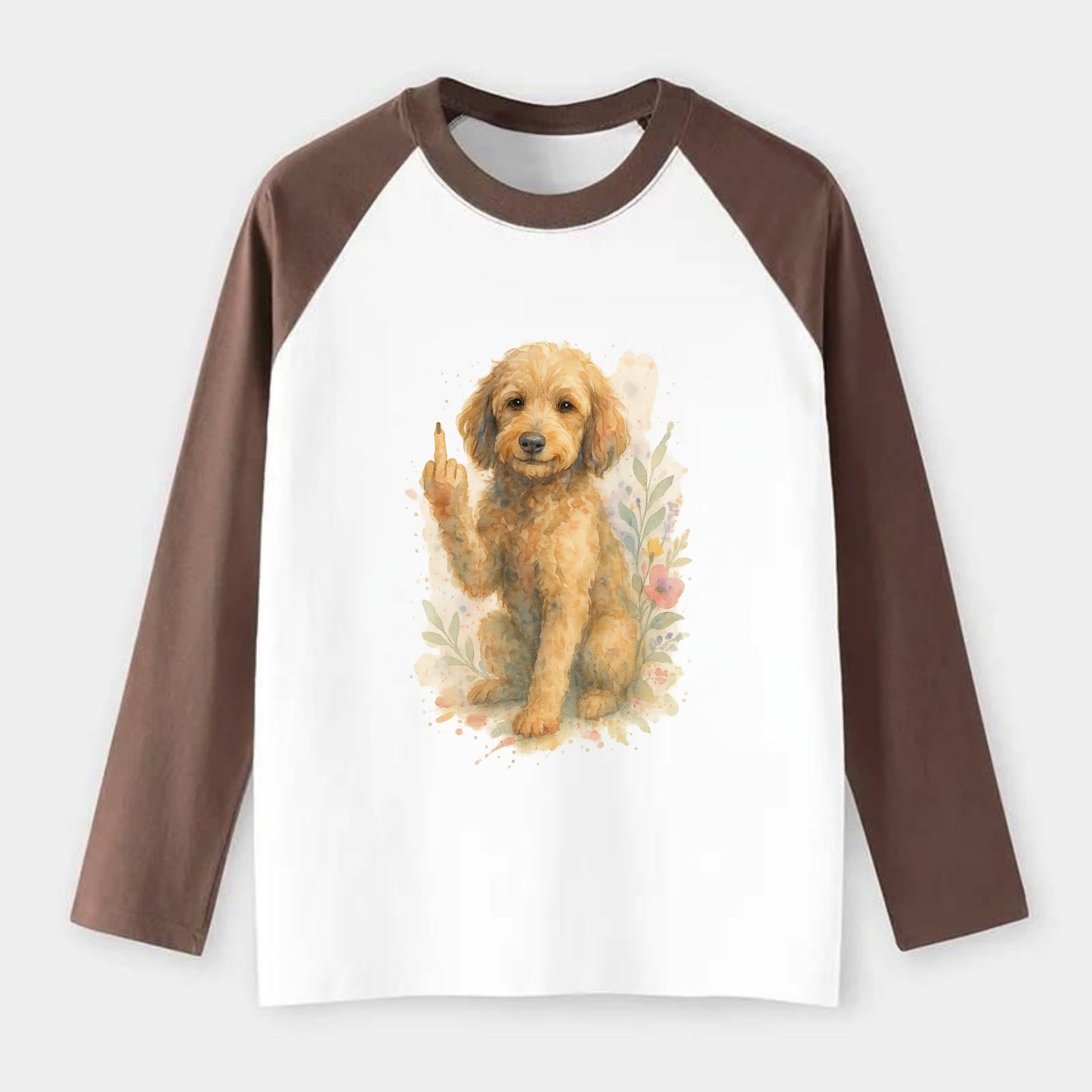 Labradoodle hypoallergenic with wavy coat, intelligent eyes, paw raised - Raglan Long Sleeve T-Shirt - Coffee