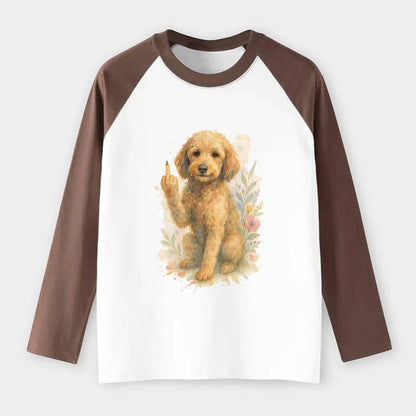 Labradoodle hypoallergenic with wavy coat, intelligent eyes, paw raised - Raglan Long Sleeve T-Shirt - Coffee