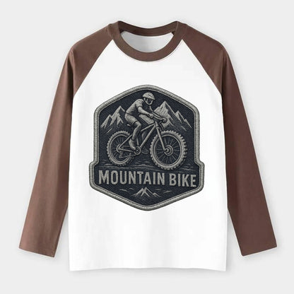 Mountain bike with rugged tires - cyclist badge - Raglan Long Sleeve T-Shirt - Coffee