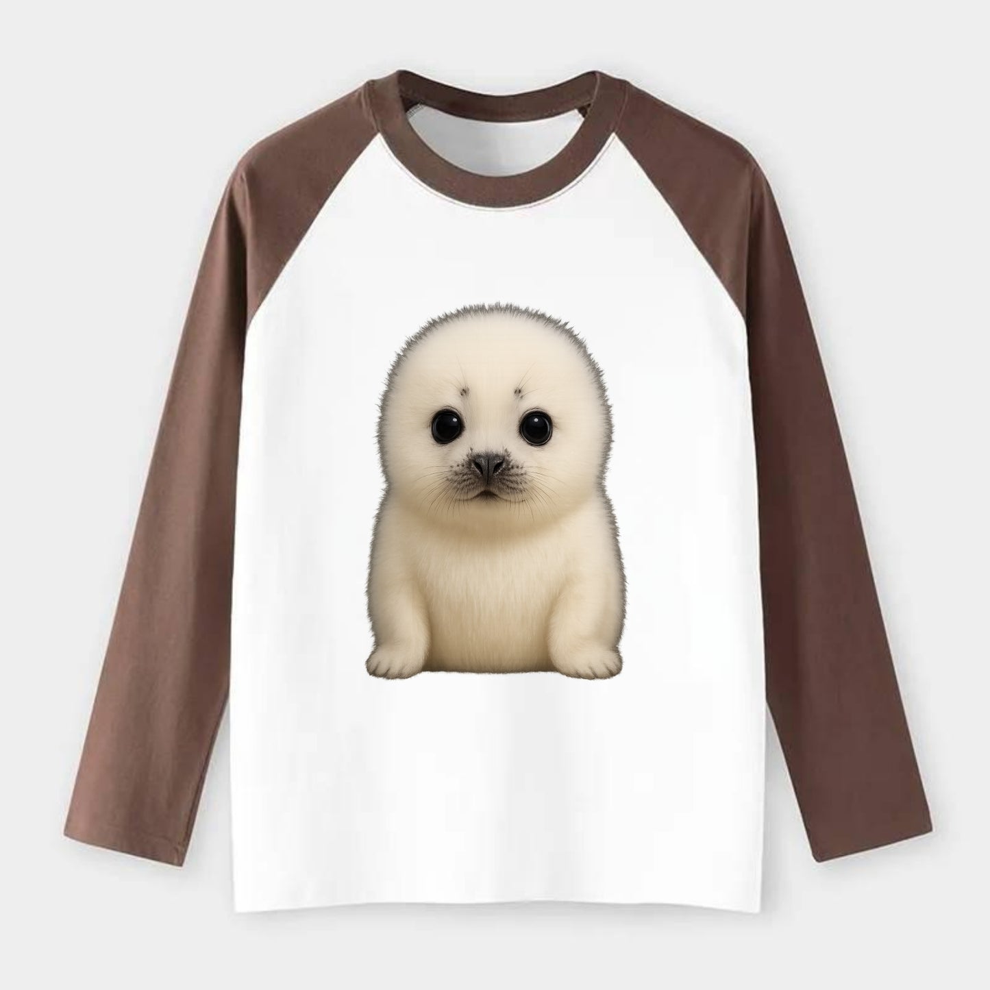 Baby Harp Seal - pure white fluffy fur, enormous dark eyes, - Raglan Long Sleeve T-Shirt - Coffee