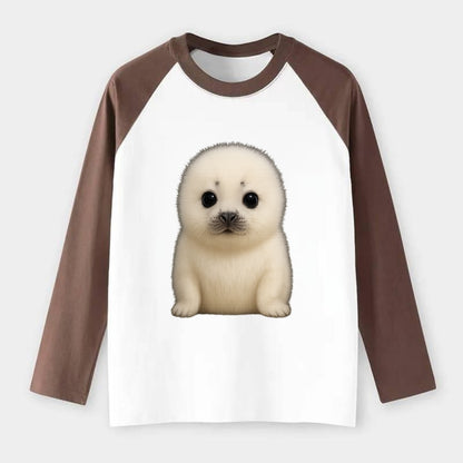 Baby Harp Seal - pure white fluffy fur, enormous dark eyes, - Raglan Long Sleeve T-Shirt - Coffee
