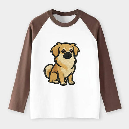 Tibetan Spaniel - Fawn small dog embroidered design - Raglan Long Sleeve T-Shirt - Coffee