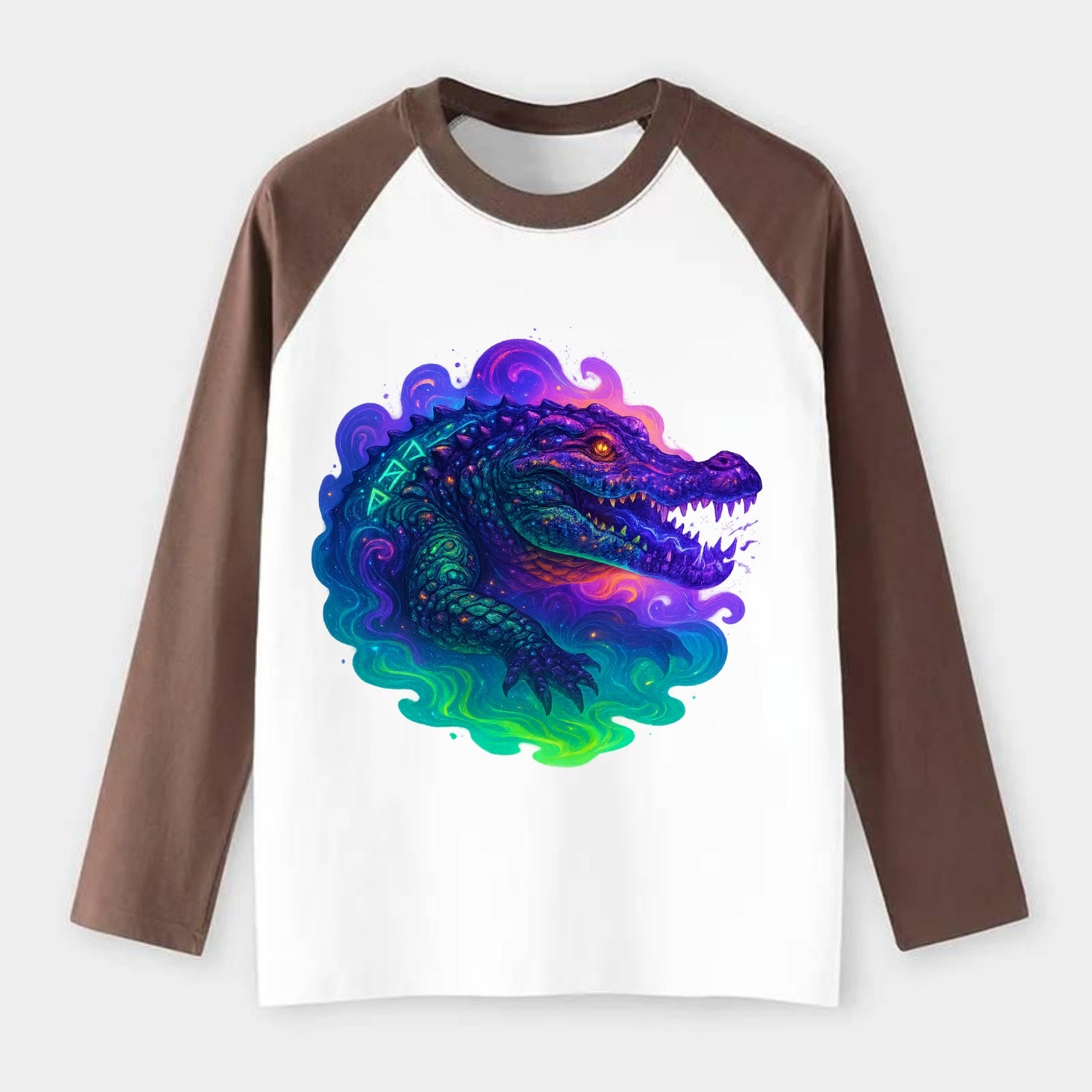 Primordial crocodile with scales pulsing plasma energy in green and - Raglan Long Sleeve T-Shirt - Coffee