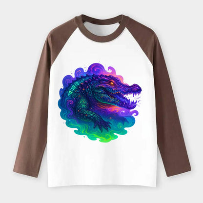 Primordial crocodile with scales pulsing plasma energy in green and - Raglan Long Sleeve T-Shirt - Coffee