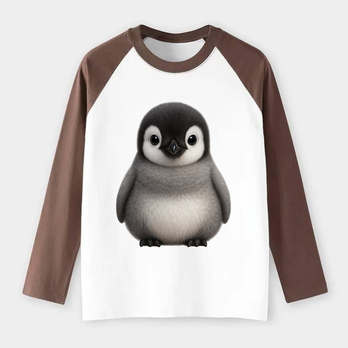 Baby Adelie Penguin - black and white, round body, curious eyes, - Raglan Long Sleeve T-Shirt - Coffee