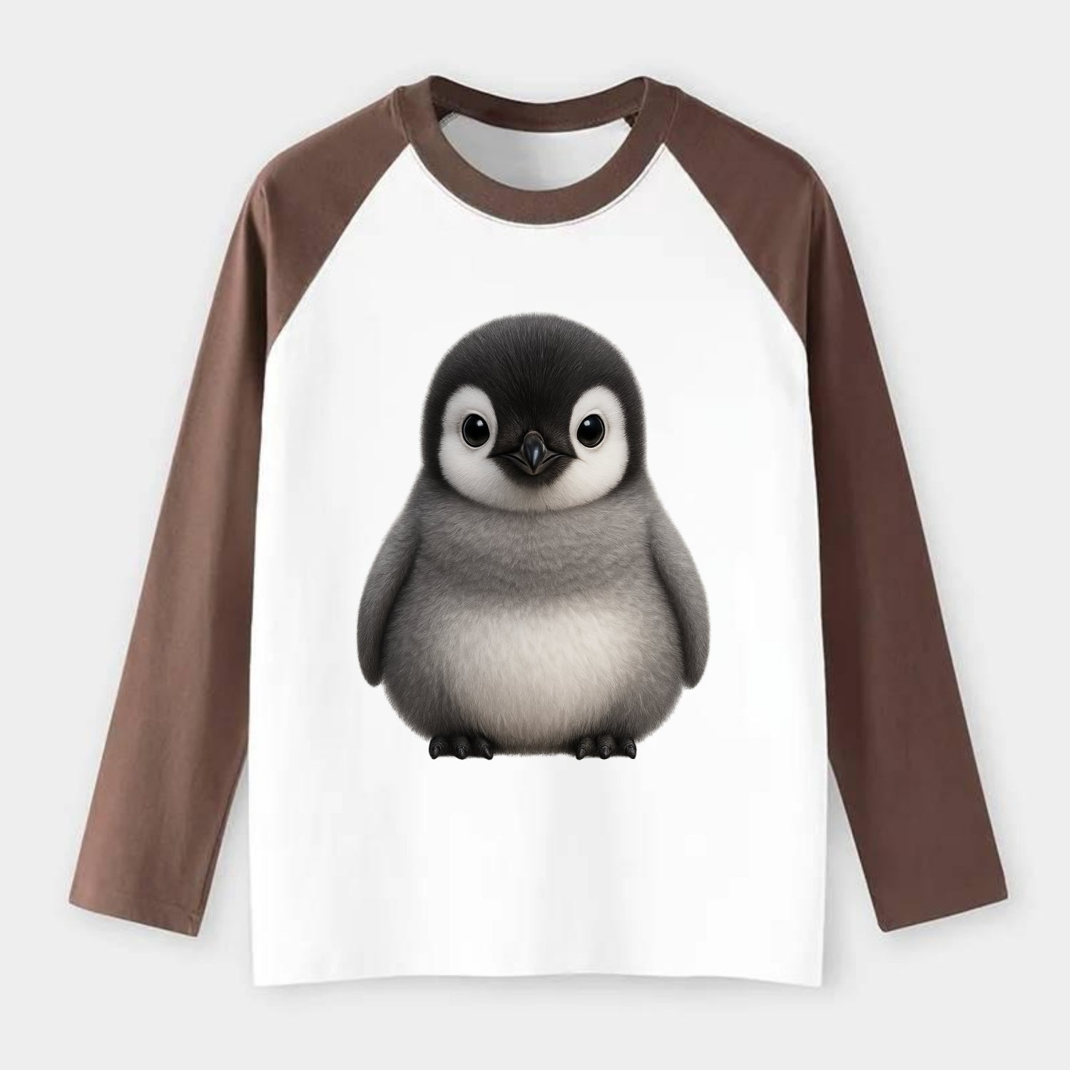 Baby Adelie Penguin - black and white, round body, curious eyes, - Raglan Long Sleeve T-Shirt - Coffee