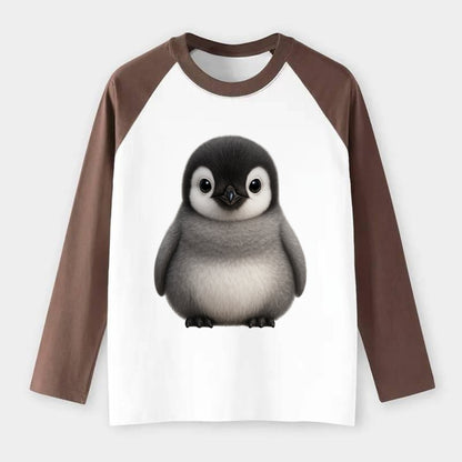 Baby Adelie Penguin - black and white, round body, curious eyes, - Raglan Long Sleeve T-Shirt - Coffee