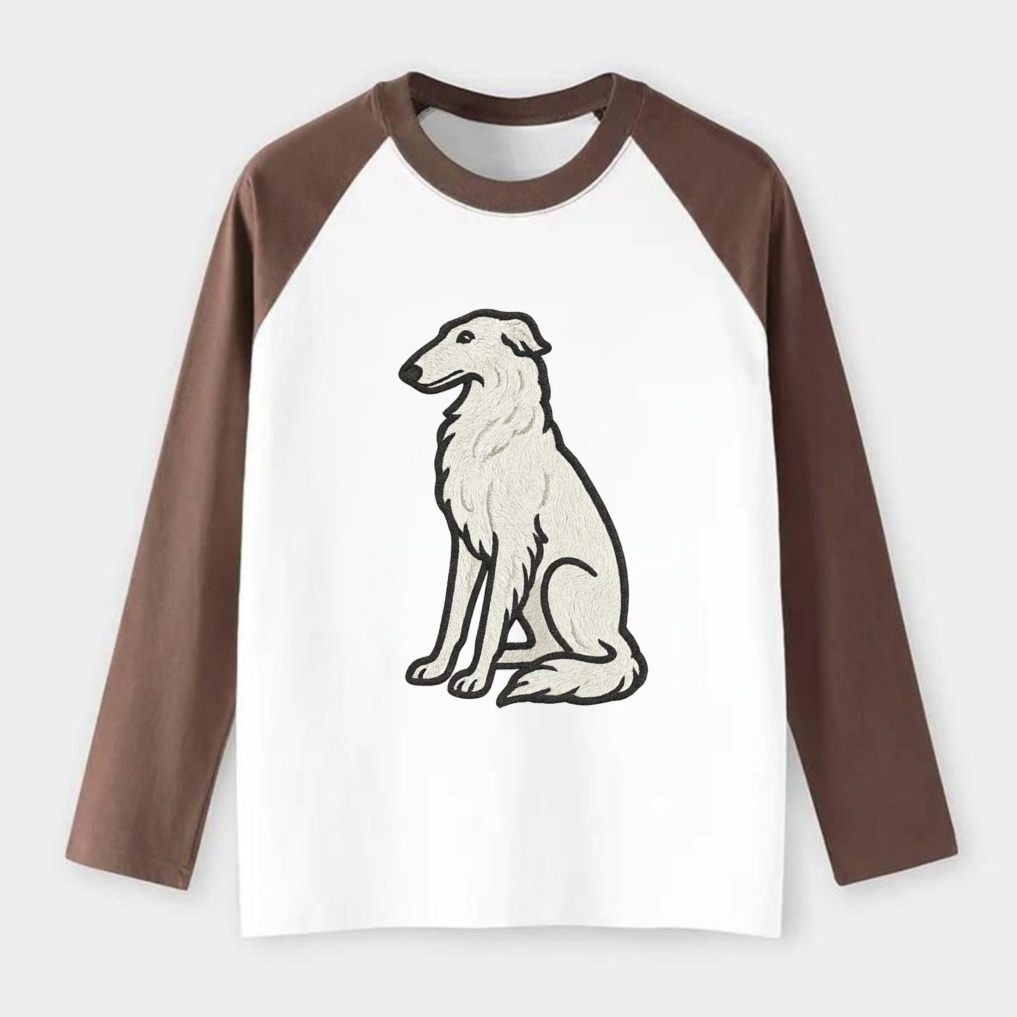 Borzoi - White embroidered sitting pose - Raglan Long Sleeve T-Shirt - Coffee