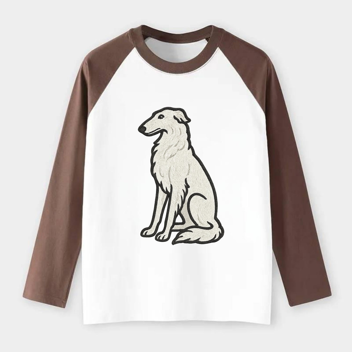 Borzoi - White embroidered sitting pose - Raglan Long Sleeve T-Shirt - Coffee