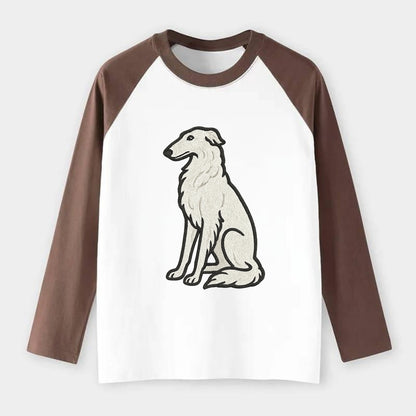 Borzoi - White embroidered sitting pose - Raglan Long Sleeve T-Shirt - Coffee