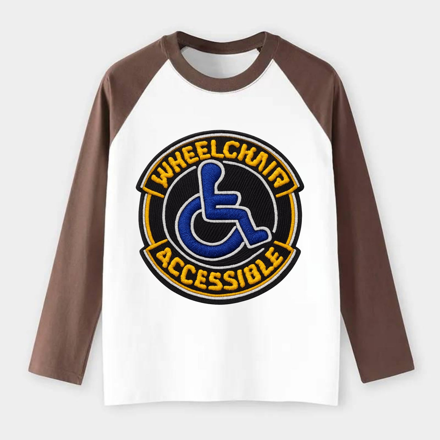 WHEELCHAIR ACCESSIBLE - accessibility symbol in blue , inclusion - Raglan Long Sleeve T-Shirt - Coffee