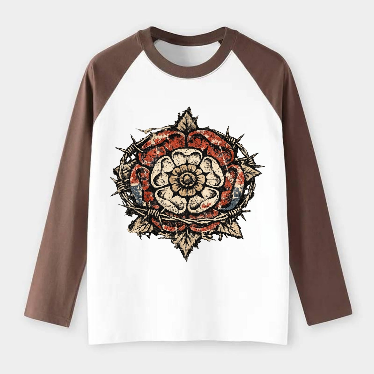 THORNED ROSE | Tudor rose with thorns | Barbed wire integration | - Raglan Long Sleeve T-Shirt - Coffee