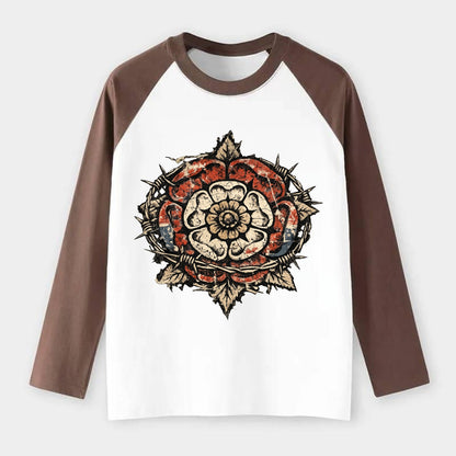 THORNED ROSE | Tudor rose with thorns | Barbed wire integration | - Raglan Long Sleeve T-Shirt - Coffee