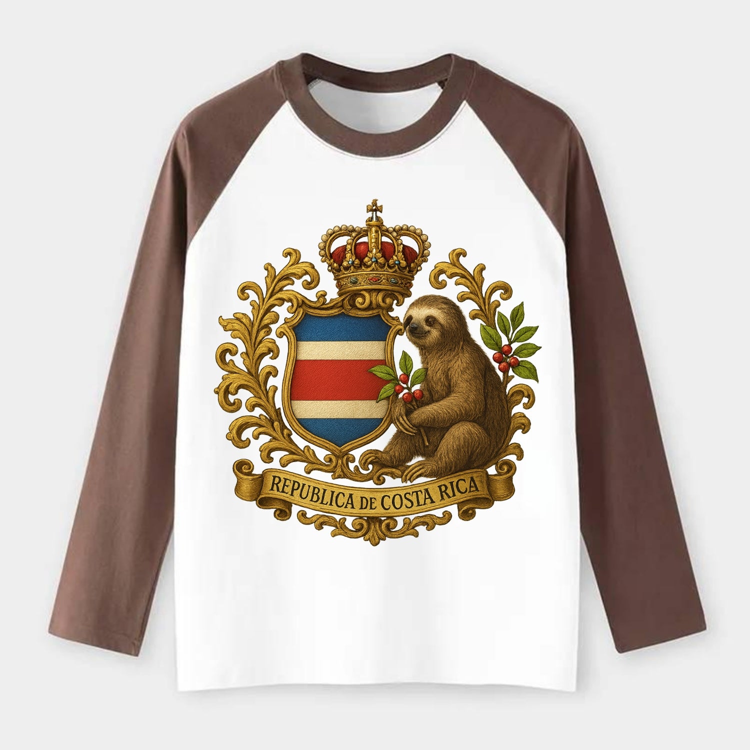 Costa Rica Sloth Emblem - Raglan Long Sleeve T-Shirt - Coffee