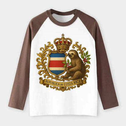 Costa Rica Sloth Emblem - Raglan Long Sleeve T-Shirt - Coffee