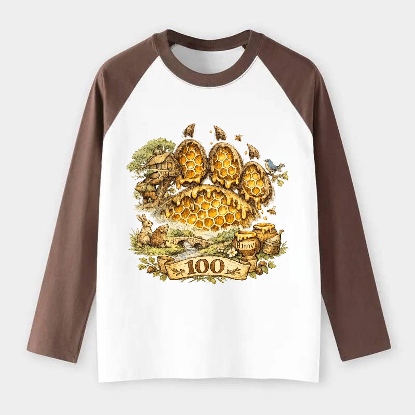 HONEY PAW | Bear paw print filled with honeycomb | Sticky evidence | - Raglan Long Sleeve T-Shirt - Coffee