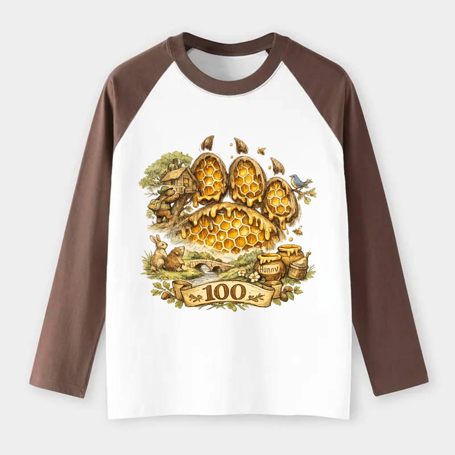 HONEY PAW | Bear paw print filled with honeycomb | Sticky evidence | - Raglan Long Sleeve T-Shirt - Coffee