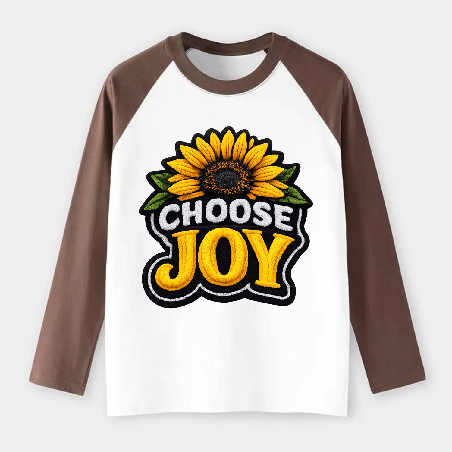 CHOOSE JOY - sunflower with text in yellow , happiness choice - Raglan Long Sleeve T-Shirt - Coffee