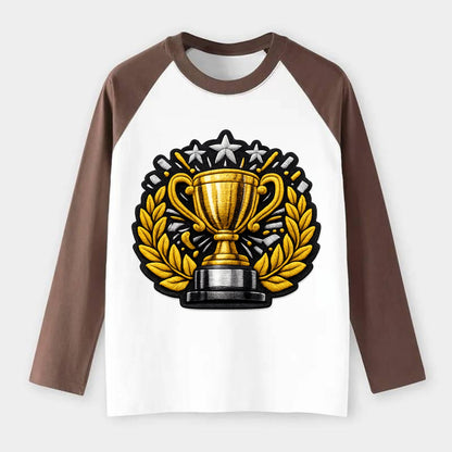 Embroidered patch design - CHAMPIONSHIP TROPHY - golden trophy cup - Raglan Long Sleeve T-Shirt - Coffee