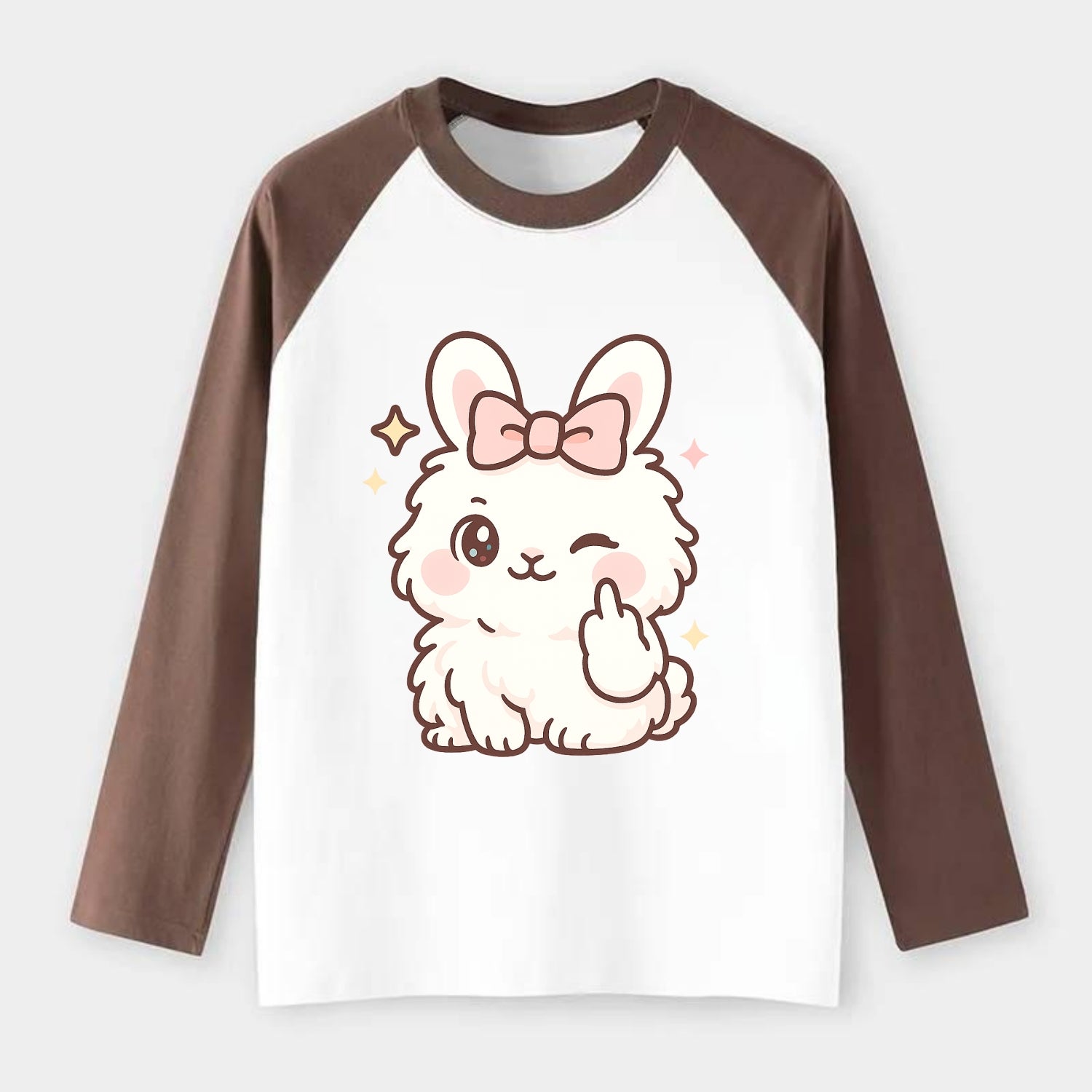 fluffy white angora rabbit with pink bow, one paw delicately flipping - Raglan Long Sleeve T-Shirt - Coffee