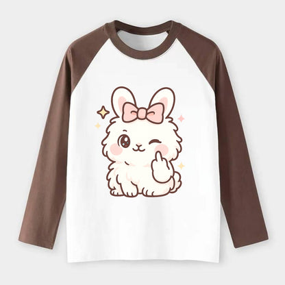 fluffy white angora rabbit with pink bow, one paw delicately flipping - Raglan Long Sleeve T-Shirt - Coffee