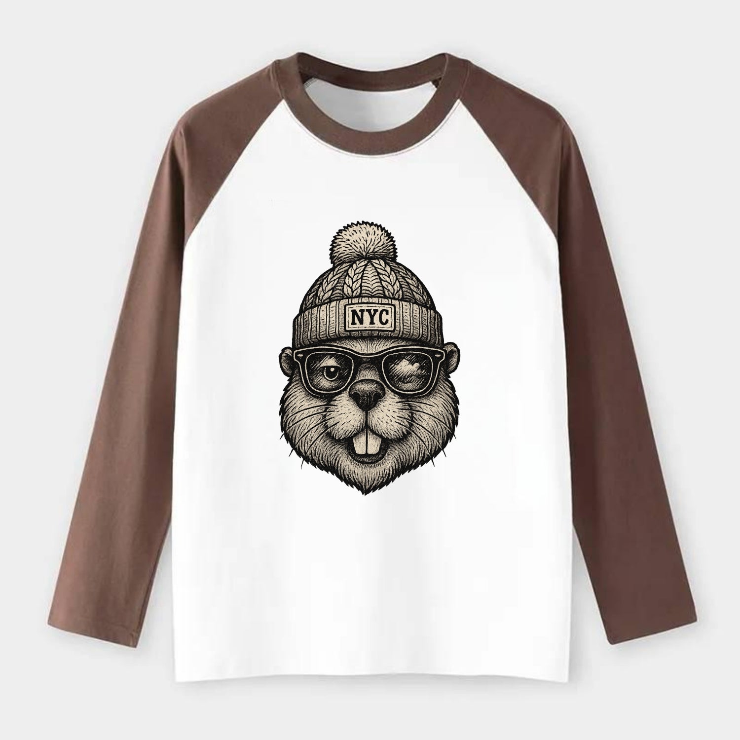 New York Beaver wearing NYC beanie with pom pom and wayfarer sunglasses - Raglan Long Sleeve T-Shirt - Coffee