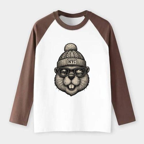 New York Beaver wearing NYC beanie with pom pom and wayfarer sunglasses - Raglan Long Sleeve T-Shirt