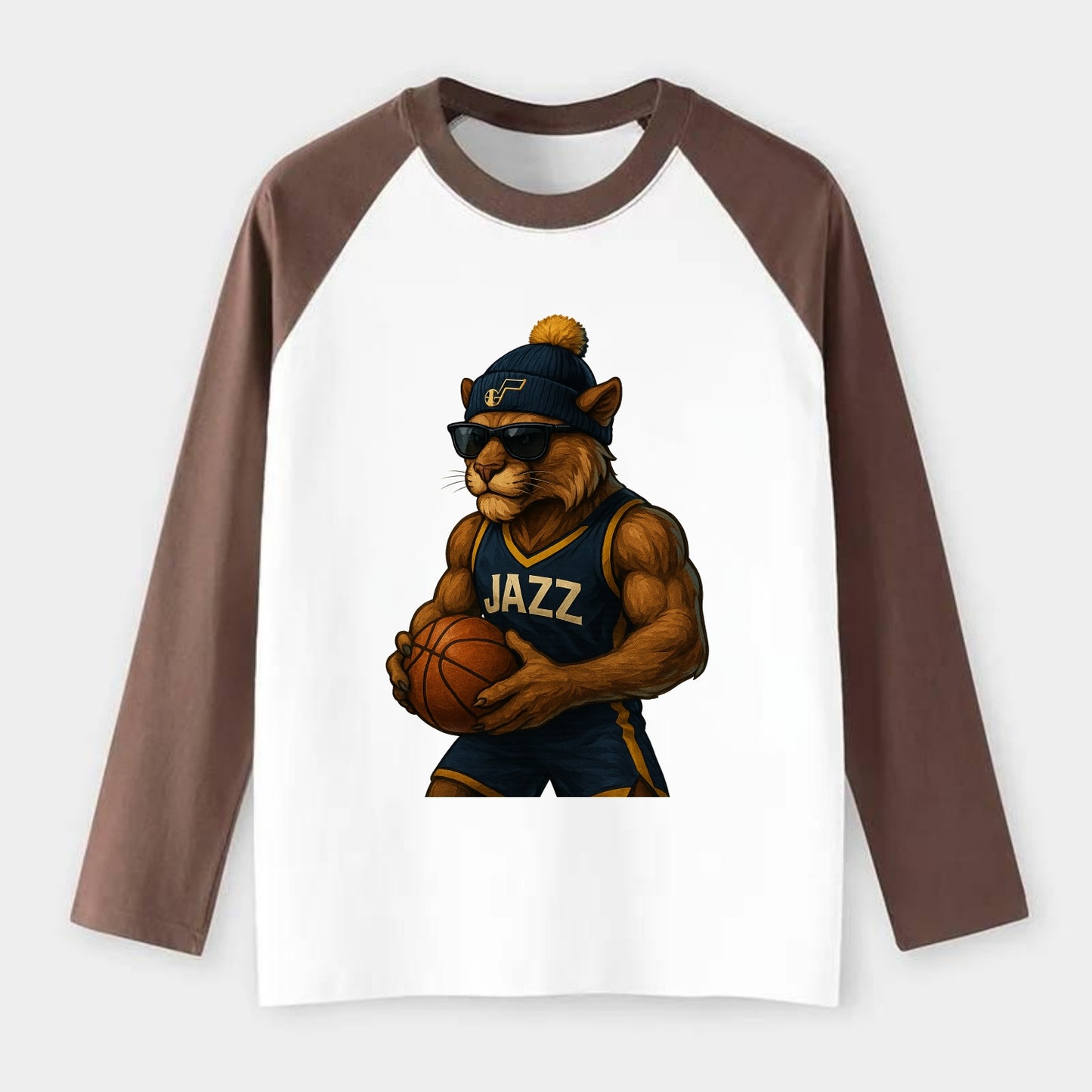 Utah Mountain Lion wearing Jazz navy and yellow beanie with music note - Raglan Long Sleeve T-Shirt - Coffee