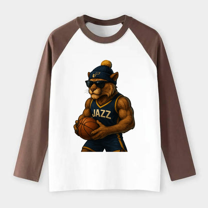 Utah Mountain Lion wearing Jazz navy and yellow beanie with music note - Raglan Long Sleeve T-Shirt - Coffee