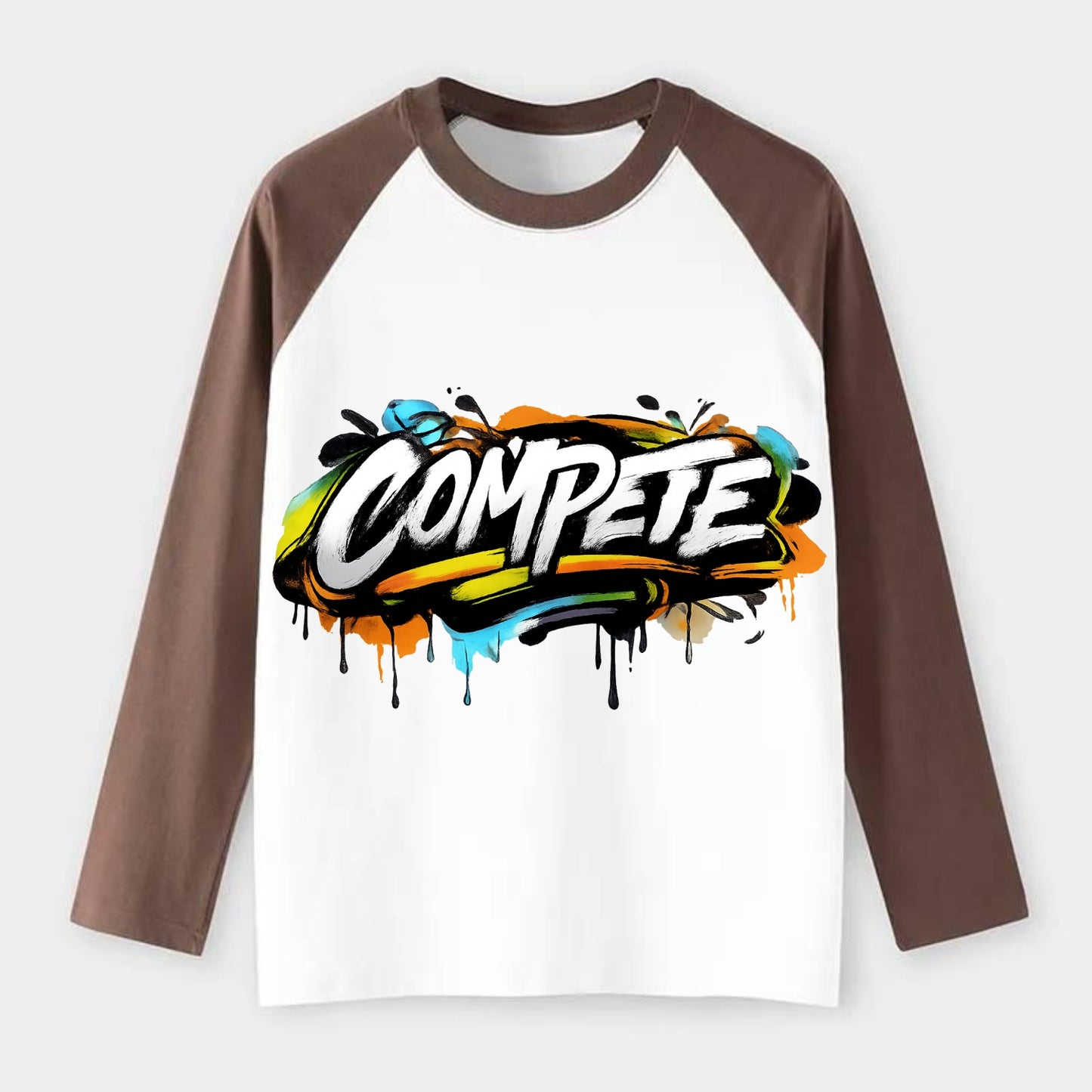 Bold typography design - "COMPETE" - competitive spirit, love the game - Raglan Long Sleeve T-Shirt - Coffee