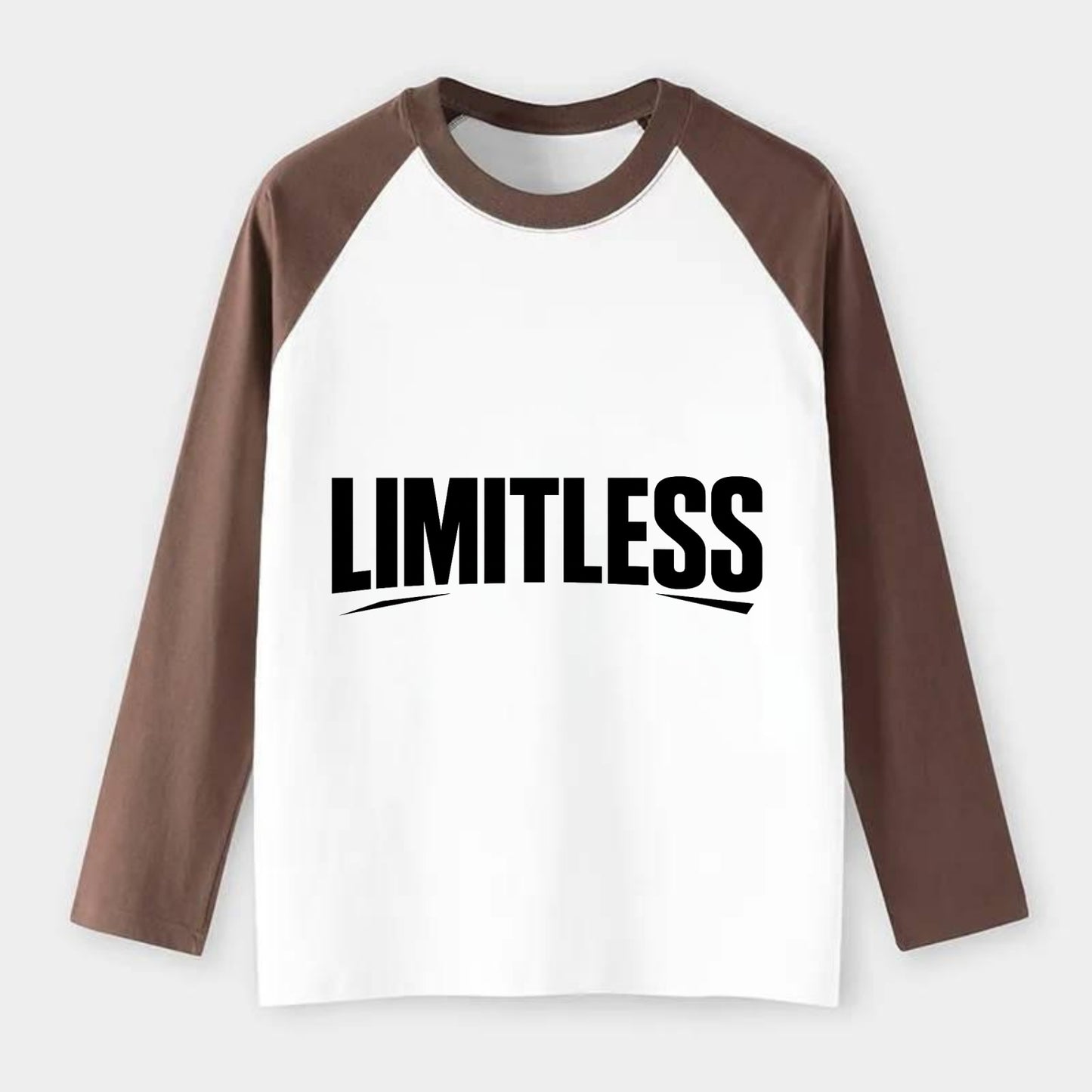 Bold typography design - "LIMITLESS" - no boundaries, infinite - Raglan Long Sleeve T-Shirt - Coffee