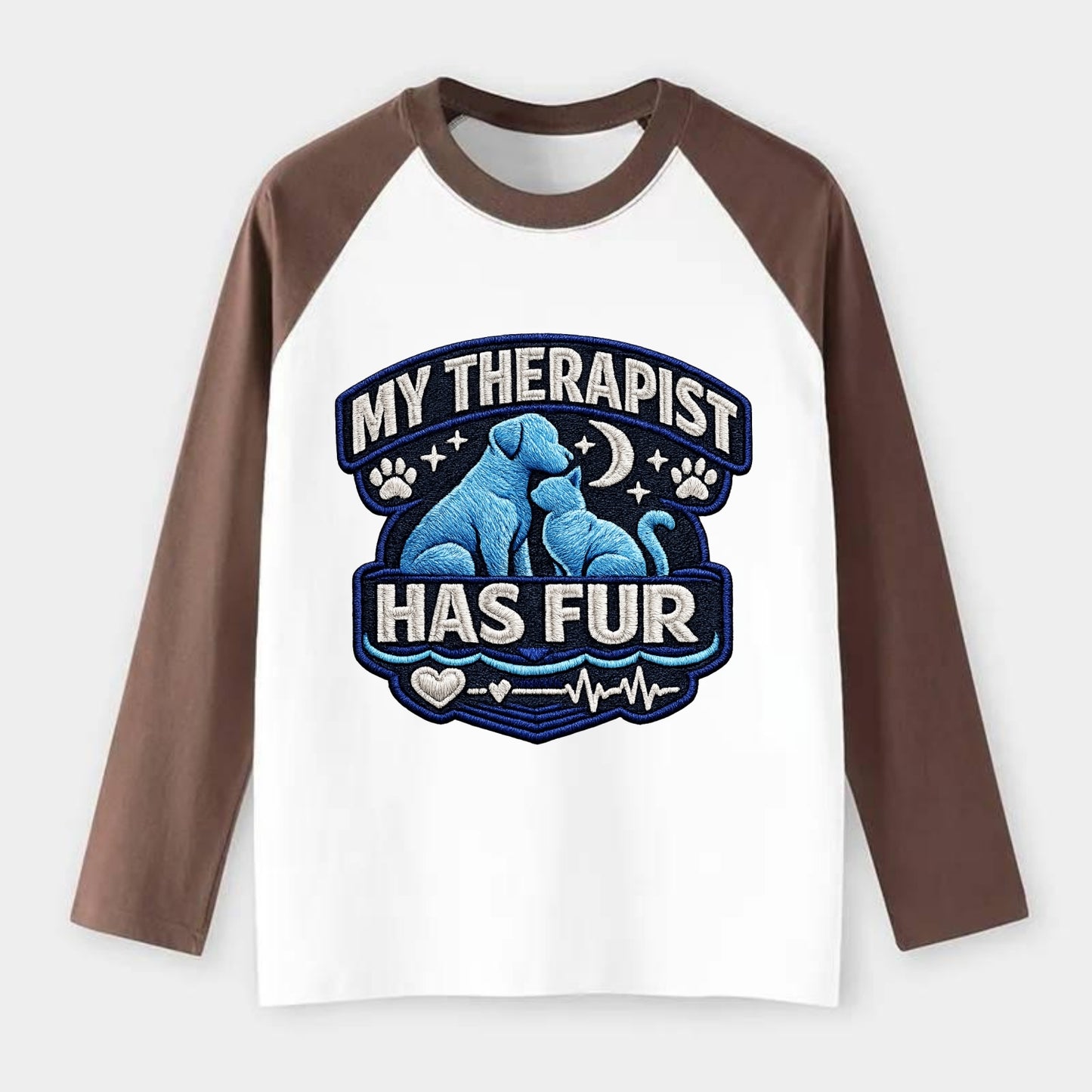MY THERAPIST HAS FUR - pet silhouette in calming blue , emotional - Raglan Long Sleeve T-Shirt - Coffee