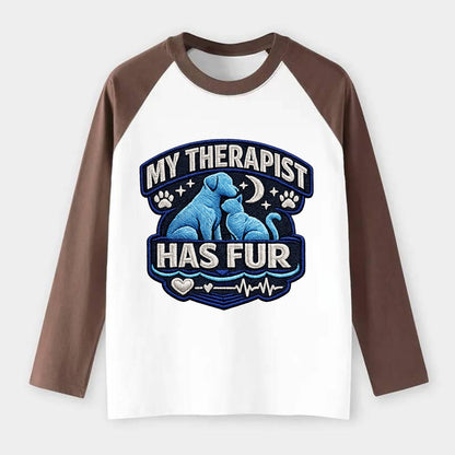 MY THERAPIST HAS FUR - pet silhouette in calming blue , emotional - Raglan Long Sleeve T-Shirt - Coffee