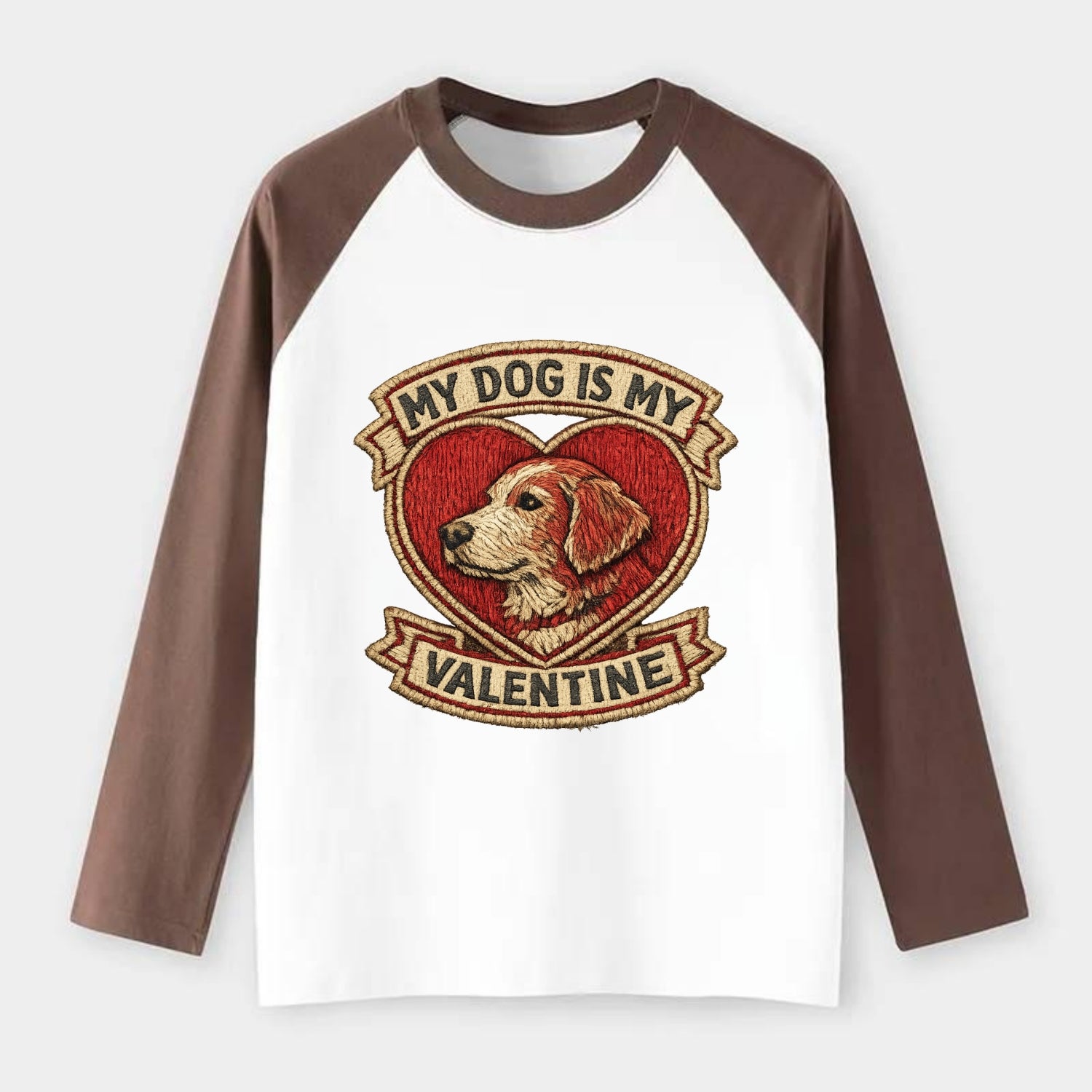 MY DOG IS MY VALENTINE - heart with dog in red , single pet owner - Raglan Long Sleeve T-Shirt - Coffee