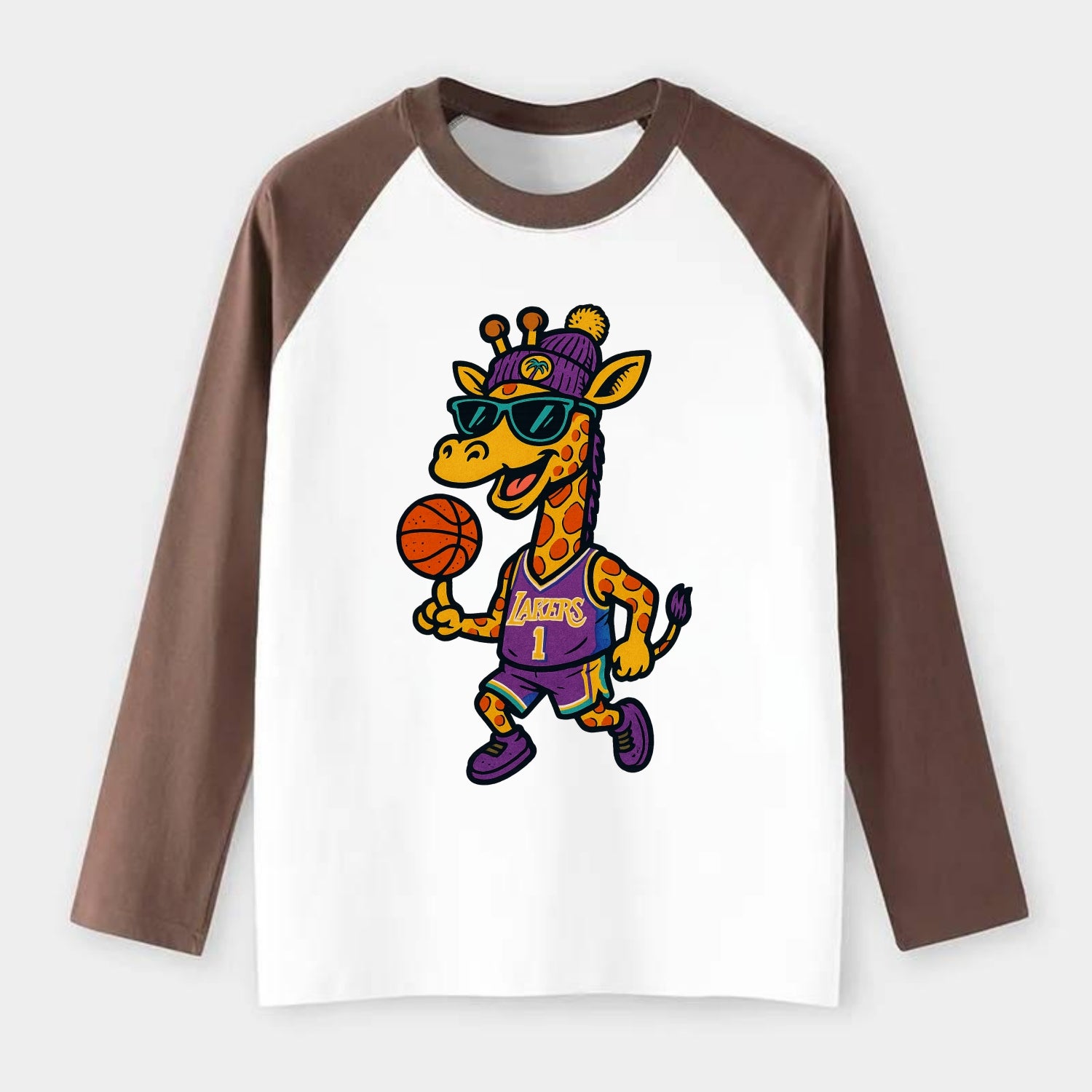 California Giraffe wearing Lakers beanie with palm tree patch and - Raglan Long Sleeve T-Shirt - Coffee