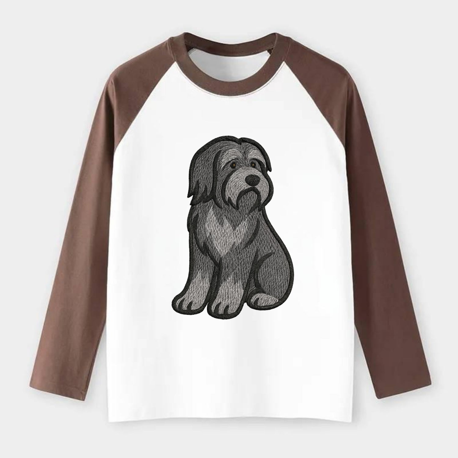 Bearded Collie - Gray shaggy coat embroidered pose - Raglan Long Sleeve T-Shirt - Coffee