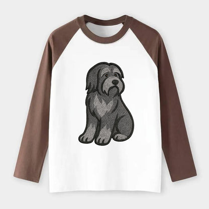 Bearded Collie - Gray shaggy coat embroidered pose - Raglan Long Sleeve T-Shirt - Coffee