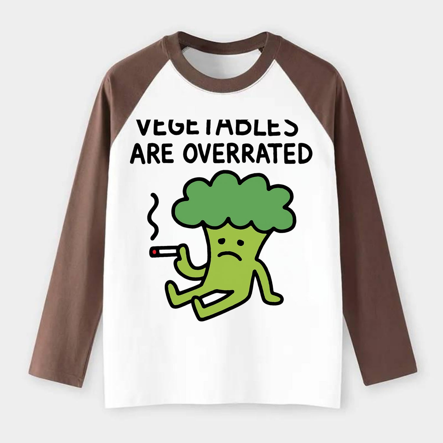 VEGETABLES ARE OVERRATED | Rebellious broccoli smoking - Raglan Long Sleeve T-Shirt - Coffee