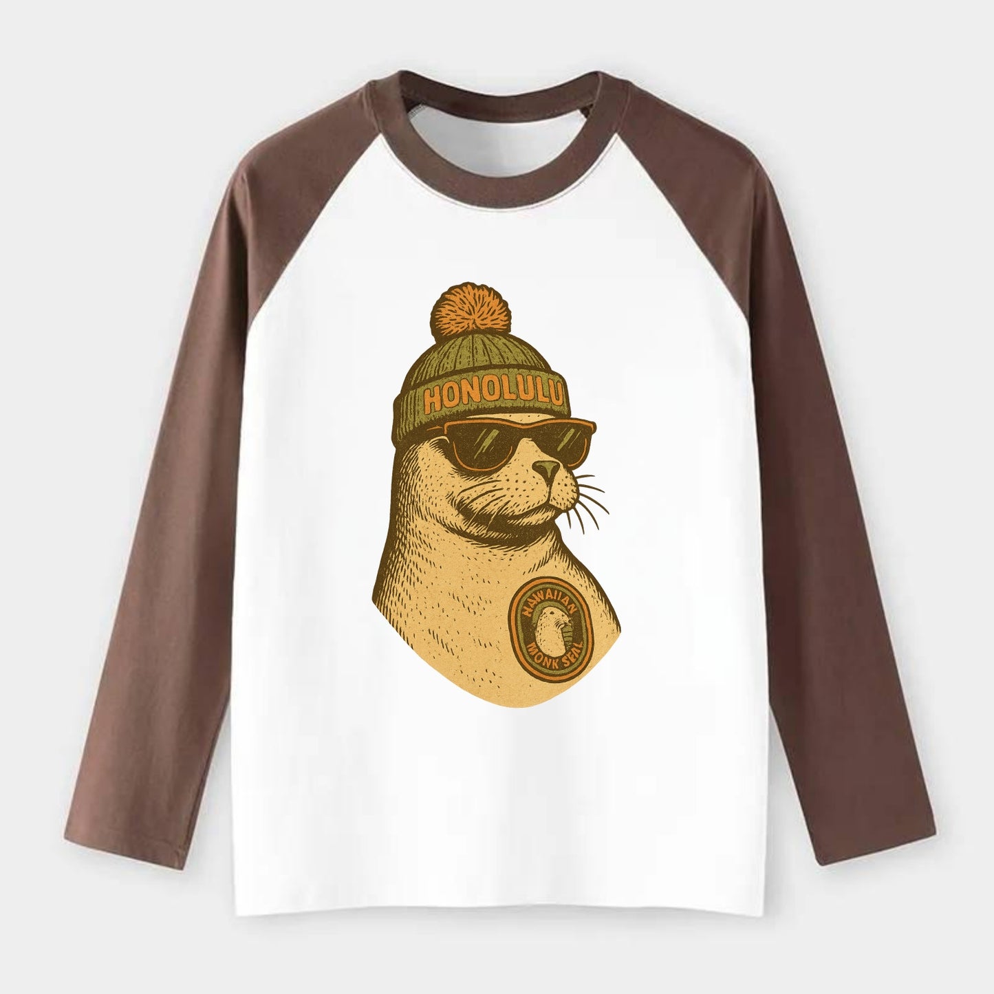 Hawaii Monk Seal wearing Honolulu beanie with pom pom and wayfarer - Raglan Long Sleeve T-Shirt - Coffee
